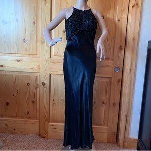 Vintage Cache Bias Cut Black Satin Slip Dress Maxi Gown  XS S Net Sequins